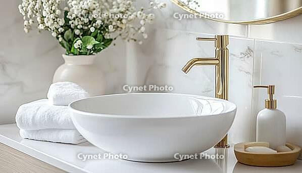 Inviting Bathroom With White Ceramic Sink And Stylish Gold Faucet Promotes Refreshing Morning Self-Care With Modern Aesthetic, AI generated [IBR125229898]