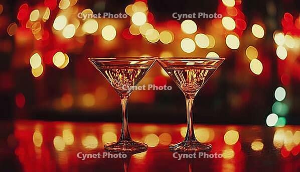 Luxury Cocktail Drink In Restaurant Bar: Two Martini Glasses With Red Bokeh. Classy Celebration Party For New Year, Christmas, Valentine, AI generated [IBR125229903]