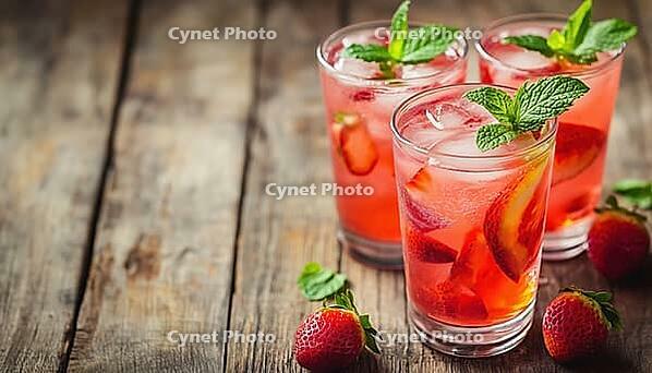 Refreshing Pink Lemonade: Strawberry Soda And Fresh Mint Served In Glasses On A Rustic Wooden Table. A Summertime Treat, AI generated [IBR125229908]