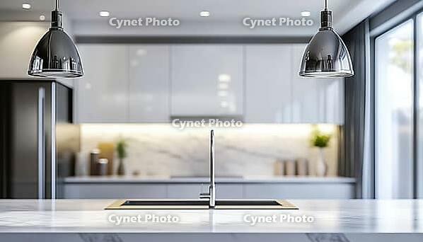 Blurred Image Of Contemporary Kitchen With Stylish Pendant Lights And White Marble Countertops. Focus On Modern Design Elements, AI generated [IBR125229909]