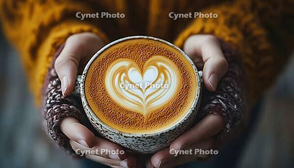 Directly Above View Of A Cup Of Coffee Held By Woman'S Hands, With Heart-Shaped Foam. Vertical Image Capturing The Moment, AI generated [IBR125229911]