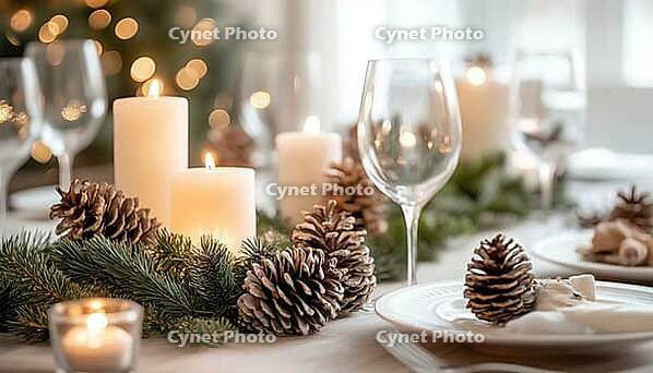 Festive Scandinavian Christmas And New Year Table Setting With Rustic Handmade Decor In Natural And White Tones, Adorned With Pine Cones, Branches, And Candles, AI generated [IBR125229917]