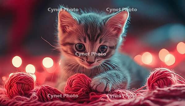 Adorable Kitten Having Fun With A Ball Of Yarn In A Playful Manner, Delighting In The Entertaining Activity, AI generated [IBR125229919]