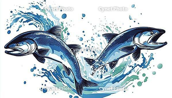 Atlantic Salmon Displaying Impressive Jumps Out Of Water. Stunning Footage Of Atlantic Salmon Leaping Through The Air In Remarkable Fashion, AI generated [IBR125229920]