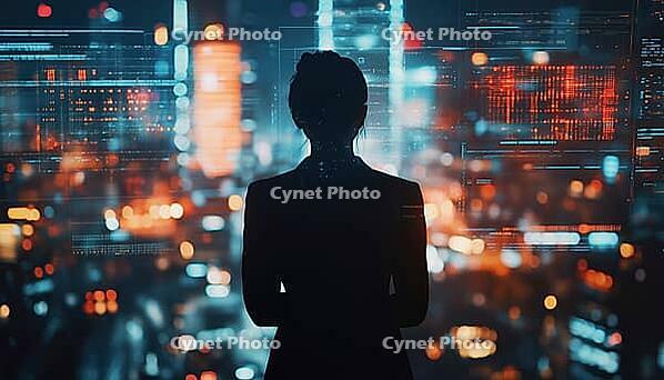 Young Business Person Explores The Intersection Of Graphical User Interface, Internet Of Things, And Information Communication Technology In Smart City Digital Transformation Through Abstract Image Visuals, AI generated [IBR125229926]