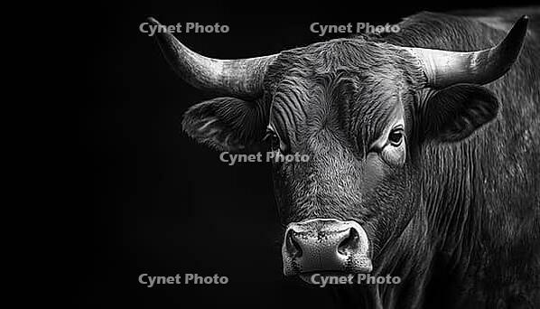 Majestic Portrait Of A Black And White Bull Captured In Stunning Detail And Grandeur, Showcasing Its Powerful Presence, AI generated [IBR125229927]