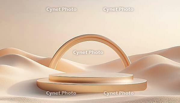 Surreal Desert Landscape With Metallic Podium Stand: Abstract Dune Cliff Sand And Glossy Metallic Arches In Geometric Scene Render, AI generated [IBR125229928]