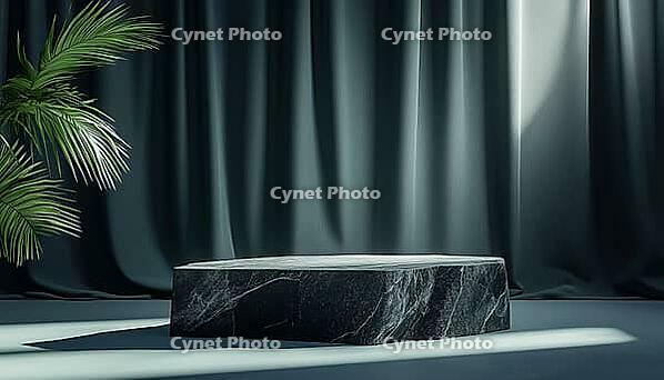 Black Stone Podium With Natural Light Casting Shadows On Curtain: A Rendering For Showcasing Cosmetics And Product Presentations, AI generated [IBR125229930]