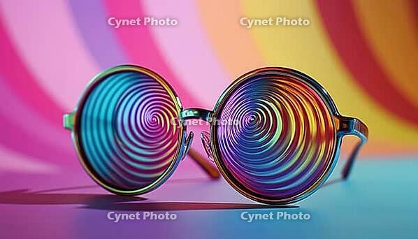 Trendy Sunglasses In Groovecarton: Retro Style Featuring Trippy Glass Patterns And Spirals, Inspired By 1970s Hippie Fashion, AI generated [IBR125229931]