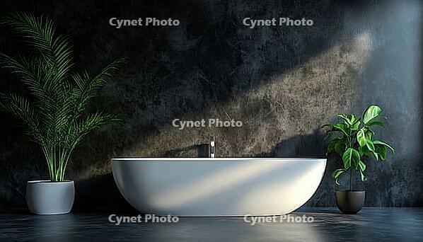 Luxurious Bathroom With Dark Marble Walls, Bathtub, Indoor Plants: Side View Mock-Up Rendering. Stylish And Contemporary Design With Elegant Elements, AI generated [IBR125229933]