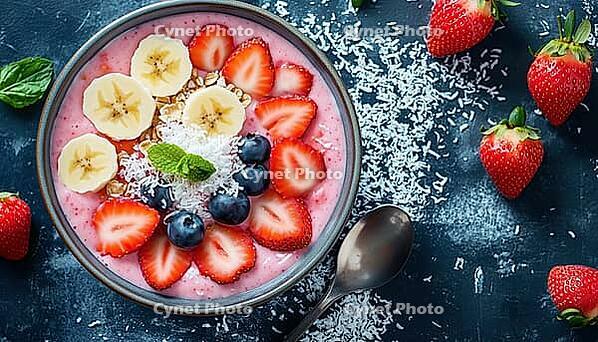 Luscious Strawberry And Banana Smoothie Bowl Topped With Coconut Flakes And Fresh Fruits For A Delicious And Refreshing Breakfast Option, AI generated [IBR125229938]