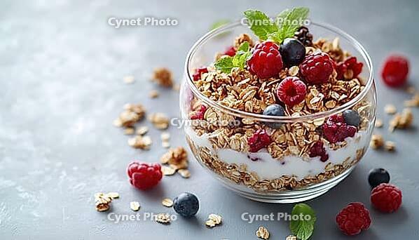 Crunchy White Oat Granola Muesli: A Delicious And Satisfying Breakfast Option That Combines Oats And Crunchy Muesli On A White Background. Perfectly Balanced Flavors, AI generated [IBR125229939]