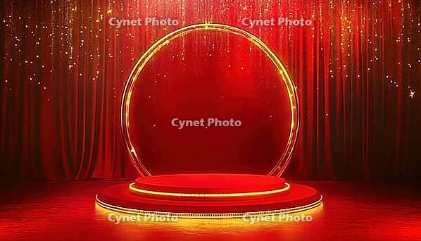 Luxurious Red Podium With Golden Curve And Glitter Light Effects, Creating A Realistic And Elegant Design. A Touch Of Luxury, AI generated [IBR125229940]