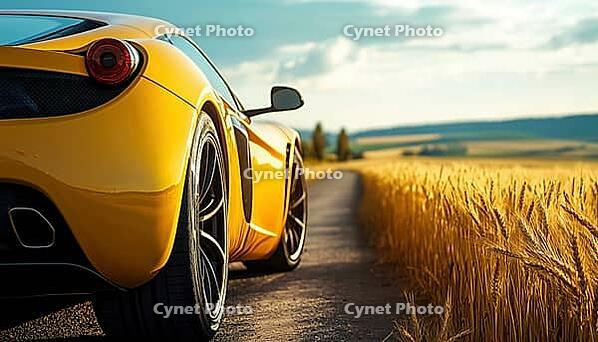 Luxury Sports Car Parked Alongside A Road With A Stunning View Of A Field Of Golden Wheat. A Perfect Scene, AI generated [IBR125229941]
