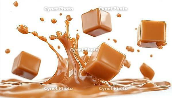 Delicious Floating Caramel Cubes On A White Background With A Velvety Melting Chocolate Caramel Splash. Luxury Dessert Concept, AI generated [IBR125229947]