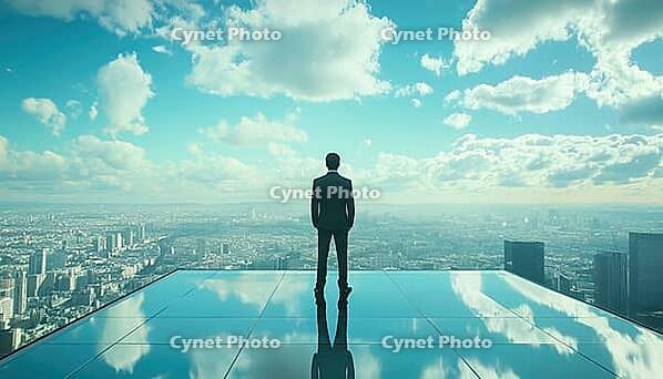 Entrepreneur Contemplating Success And The City Skyline While Standing On Glass Floor At Rooftop, AI generated [IBR125229952]