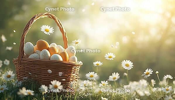 Easter Basket Overflowing With Eggs And Floating Daisies On A Green Background: A Stunning Visual Presentation Of Spring Beauty, AI generated [IBR125229956]