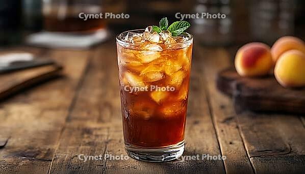 Refreshing Peach Ice Tea Served In A Glass On A Wooden Table: Choose Between Cuba Libre, Long Island Iced Tea, Or Other Fruity Cocktails, AI generated [IBR125229957]