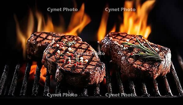 Grilled Beef Steaks With Fiery Flames: A Sizzling And Delicious Dish Cooked On The Barbecue, Perfect For A Summer Cookout, AI generated [IBR125229958]