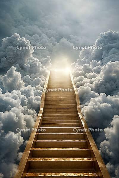 A golden stairway leading into a bright light and surrounded by clouds. Graphic asset. Religious overtones. Life after death. Symbol of enlightenment, AI generated [IBR125237517]