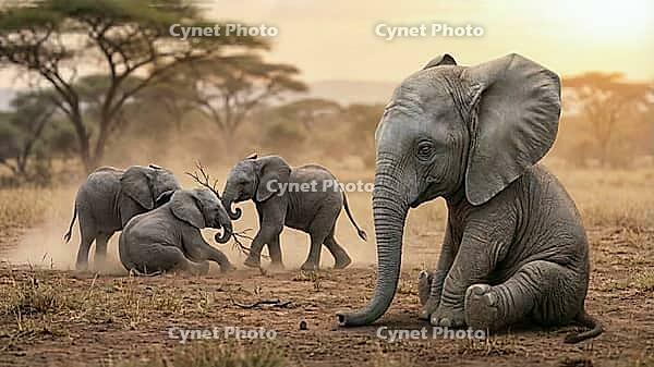Four baby elephants at play in the dusty African savanna during golden hour, featuring one seated calf in the foreground and three interacting with branches behind, AI generated [IBR125237518]