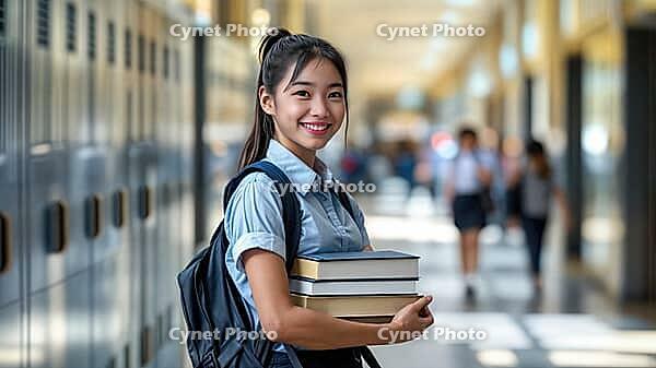 Young Asian high school student smiling at the camera in a school hallway. Carrying books and a book bag, AI generated [IBR125237519]