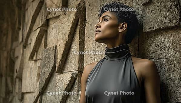 A stylish woman with short hair wearing a dark halter dress. African American. Looking thoughtfully upward. Outdoor fashion shoot. Contemplative expression. Standing against a textured wall, AI generated [IBR125237520]