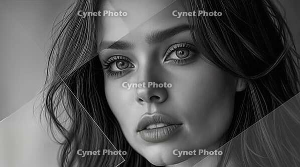 Black and white image of a model in a studio environment posing behind sheets of glass. Flawless complexion. Sensual portrait of a fashion model, AI generated [IBR125237522]