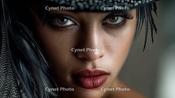 Extreme closeup of a captivating high-fashion African American model in a hat accented with feathres. Confident direct gaze. Skin care and cosmetics. Studio portrait of a glamorous woman with piercing brown eyes, AI generated [IBR125237523]