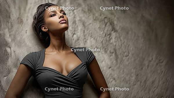 Studio portrait of a an African American model in a moment of quiet power, chin tilted upward, eyes distant. Dramatic lighting sculpts her features in a timeless glow, blending strength and elegance. Beauty as endurance. A thoughtful expression, AI genera [IBR125237525]