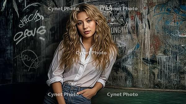 Young model in a white shirt and blue jeans standing in front of a wall filled with graffiti, AI generated [IBR125237527]
