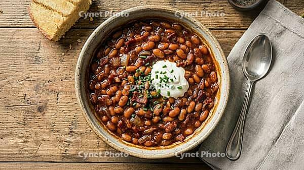 Overhead shot of hearty homemade baked beans with bacon and sour cream in a rustic bowl on a wood table with cornbread, AI generated [IBR125237529]