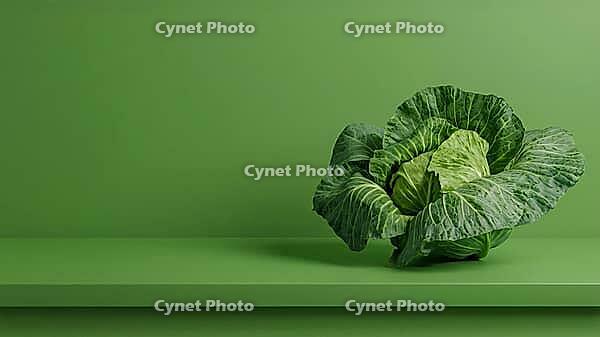 A minimalist composition of a single head of cabbage with expansive leaves on a green countertop against a green background. Promoting a healthy diet. High in fiber and antioxidents. Ample copy space, AI generated [IBR125237531]
