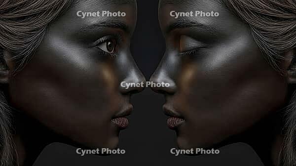 A surreal image of a woman becoming self-aware. Duality and the inner self. Introspection. Soul searching and reflection. African Anerican twins in profile, AI generated [IBR125237534]