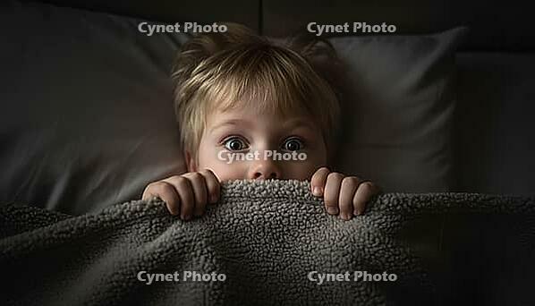 A frightened boy covering his face with a blanket. Hearing a strange noise. The boogey man. Sleepless night. Afraid of the dark. A wild iimagination, AI generated [IBR125237535]