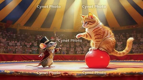A cute illustration of a mouse as a ringmaster making a cat balance on a ball and perform tricks. Cats and mice look on under a circus tent, AI generated [IBR125237538]