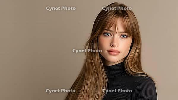 A beautiful fashion model highlighting a natural, youthful and healthy complexion. Skin care and cosmetics. Long auburn hair. A woman in a black turtleneck sweater. Copy space, AI generated [IBR125237540]