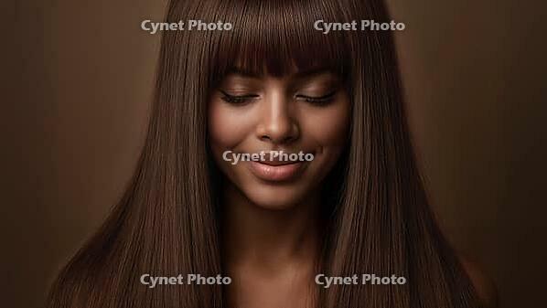 A beautiful African American model with a knowing smile and long brown hair looking downwards. Flawless complexion, brown background. Sensual portrait, AI generated [IBR125237541]