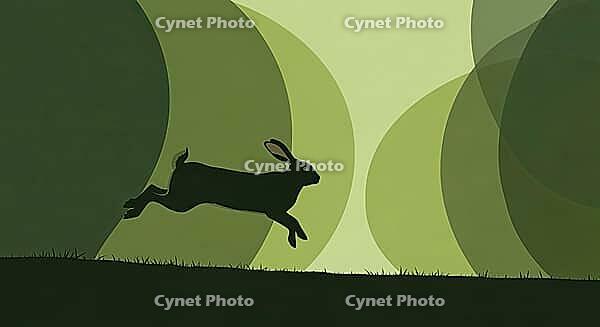 Illustration of a running rabbit. Minimalist composition in colors of green, representing a wooded area of trees, AI generated [IBR125237543]