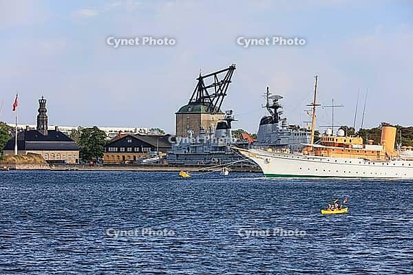 Copenhagen Naval Station on Nyholm with frigate Peter Skram and royal yacht Dannebrog, seen from Langelinie, Copenhagen København, Zealand Sjælland, Denmark, Baltic Sea [IBR125242413]
