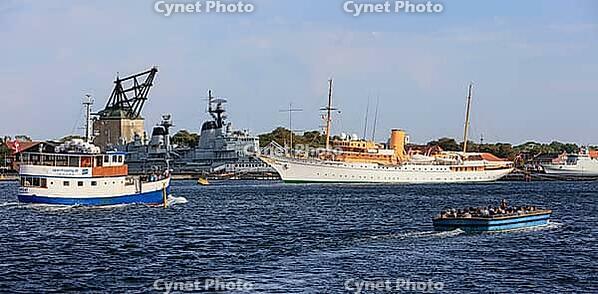 Copenhagen Naval Station on Nyholm with frigate Peter Skram and royal yacht Dannebrog, seen from Langelinie, Copenhagen København, Zealand Sjælland, Denmark, Baltic Sea [IBR125242424]