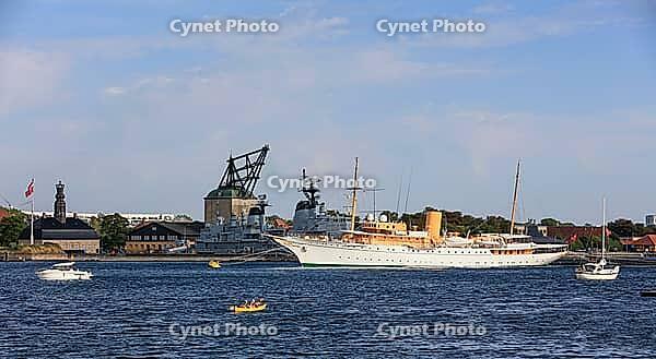 Copenhagen Naval Station on Nyholm with frigate Peter Skram and royal yacht Dannebrog, seen from Langelinie, Copenhagen København, Zealand Sjælland, Denmark, Baltic Sea [IBR125242425]