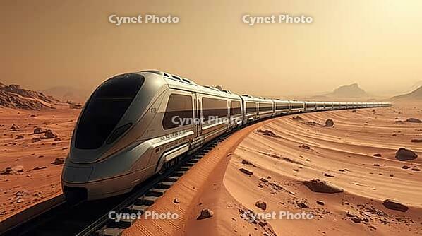 Futuristic high speed train on Mars planet surface, AI generated [IBR125242457]
