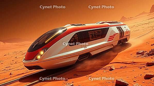 Futuristic high speed train on Mars planet surface, AI generated [IBR125242461]