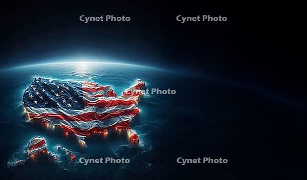 USA map shape filled with the american flag, glowing 3D illustration, AI generated [IBR125242463]