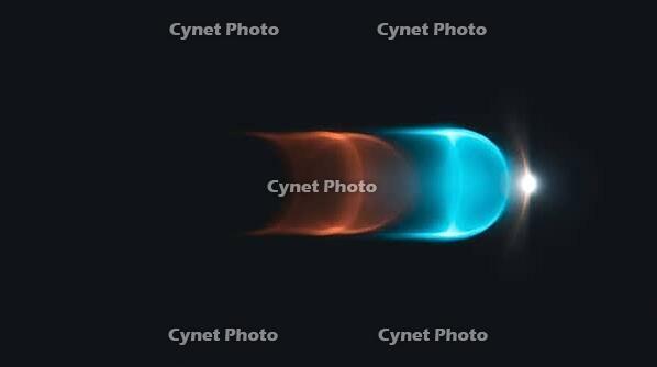 Abstract composition of a glowing pressure pulse rebounding after striking a closed valve boundary, water hammer reflection visualization, studio shot, AI generated [IBR125242483]