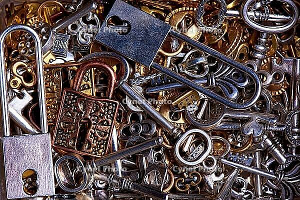 Set of vintage keys and locks close-up [IBR125261580]