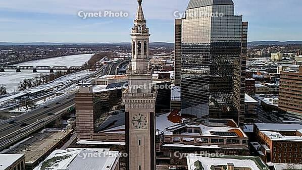 Drone photo of Springfield Massachusetts downtown with tower and river [IBR125261583]