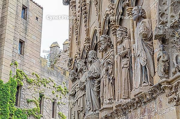 Architectural detail of the facade of Iglesia de Santa Maria la Real, a historic Gothic church in Olite, Navarra, northern Spain [IBR125261611]