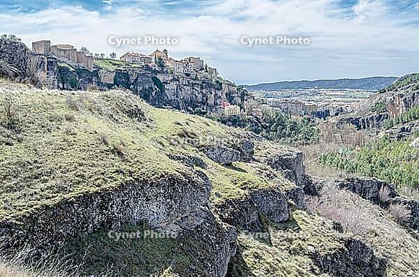 View of the Jucar Gorge and the town of Cuenca, Spain, a natural phenomenon caused by the erosion of the waters of this river on the limestone rock on which the city is built and which surrounds it [IBR125280290]